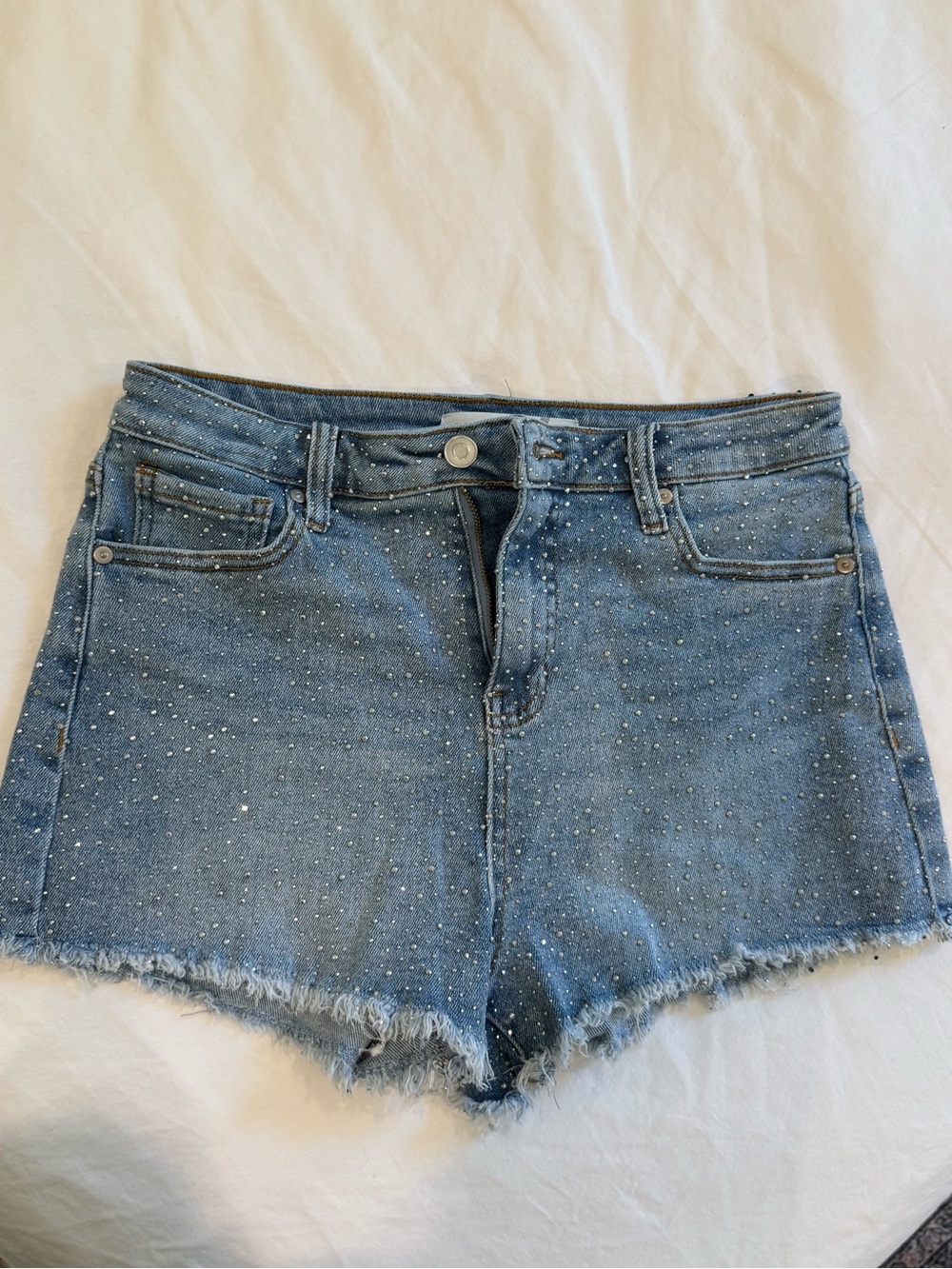 Altar'd State Blue Crystal-Studded Frayed Hem Denim Shorts
